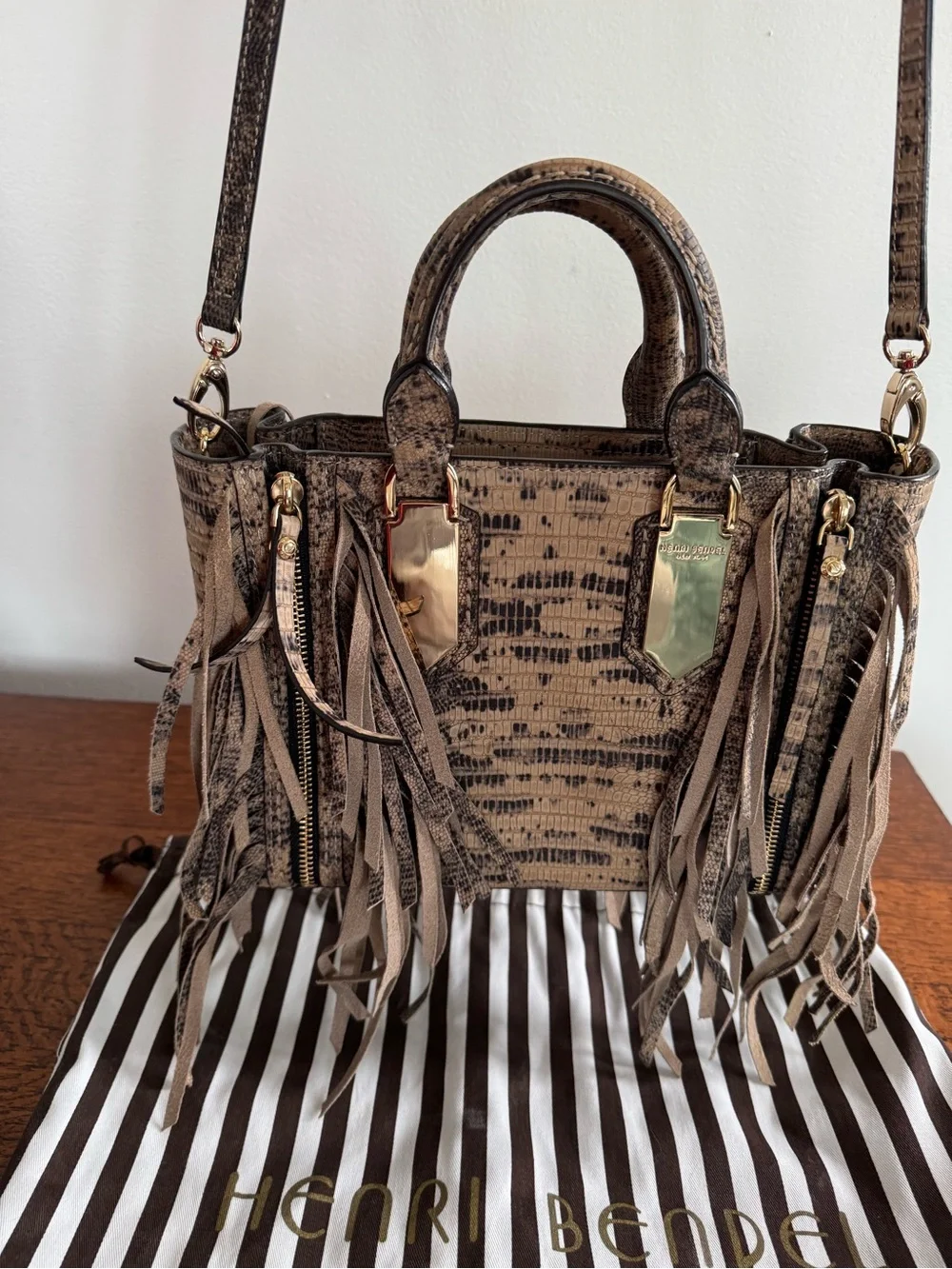 Henri Bendel A-List Lizard Embossed Fringe Satchel/Crossbody with Dust Bag